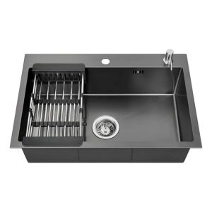 BACHA DE COCINA ACERO INOXIDABLE NEGRA CON ACCESORIOS 68x45x22 CM